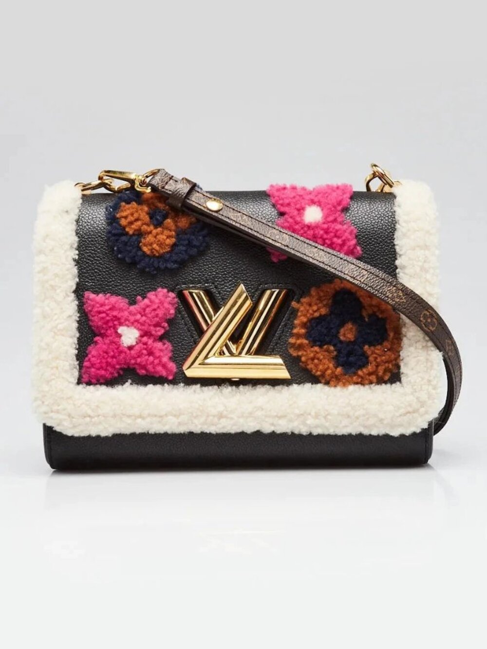 Louis Vuitton Limited Edition Black Leather Monogram Fleece Teddy Twist MM Bag